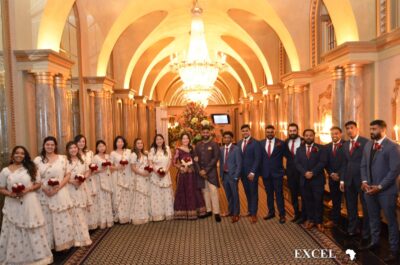 Couple with both bridesmaids and groomsmen 