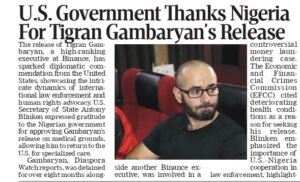 U.S. Government Expresses Gratitude to Nigeria for Tigran Gambaryan’s Release
