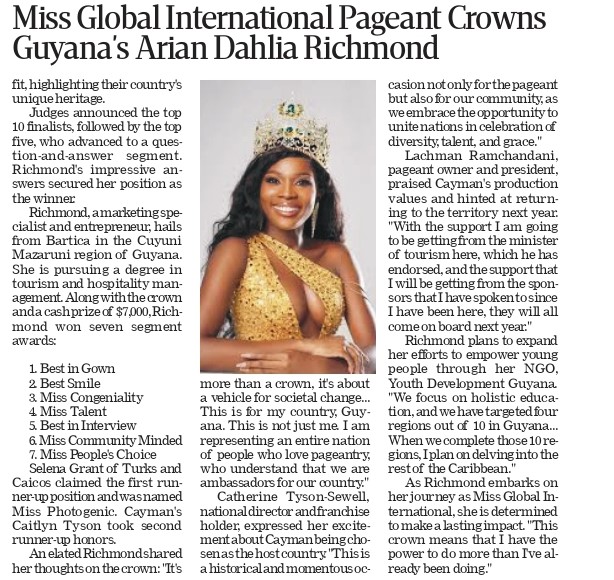 Miss Global International Pageant Crowns Arian Dahlia Richmond as Miss Guyana