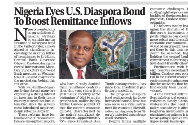 Nigeria Eyes US Diaspora Bond to Boost Remittance Inflows and Strengthen Economy