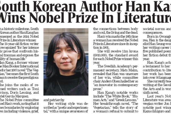 South Korean Author Han Kang Wins Nobel Prize in Literature